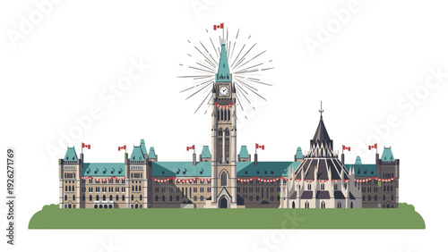 Illustration of the Canadian Parliament buildings in Ottawa with a fireworks display on a white background.