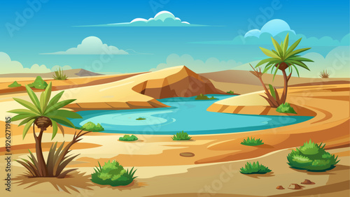 A small natural oasis surrounded by wide desert sand smooth ground texture open sky clean minimal vector illustration flat design uncluttered composition