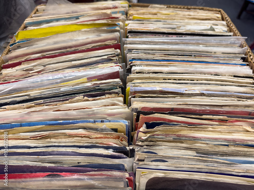Wallpaper Mural Box of old vinyl LP records in a vintage thrift store. Torontodigital.ca