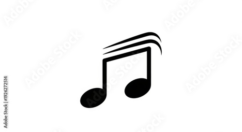 Black eighth note symbol with motion lines on white background representing rhythm and music in a simple graphic design element
