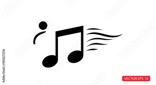 Black musical note icon with motion lines on white background symbolizing sound and music perfect for audio and melody concepts