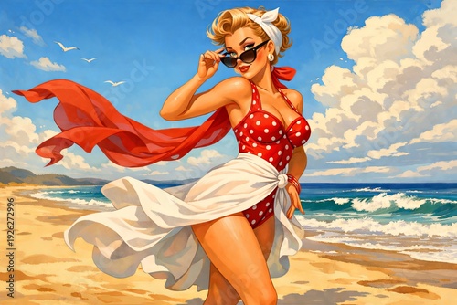 Colorful retro pinup illustration of a stylish woman in a red polka dot swimsuit and flowing scarf walking along a sunny beach, ideal for summer travel and resort promotions.