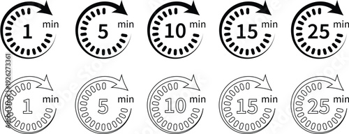 Minute countdown and time tracking icons vector illustration for productivity fitness training and planning