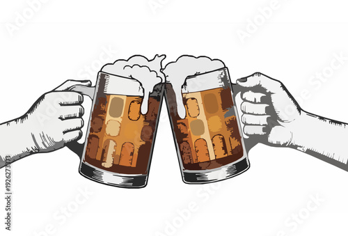 Vintage Engraving Style Hands Clinking Beer Mugs Vector Illustration Isolated on White