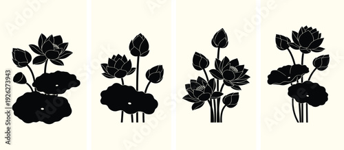 Four black floral illustrations with varying designs on a light beige background displayed side by side