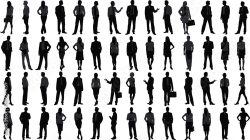 Business people silhouettes collection in various professional poses, corporate men and women isolated on white background teamwork concept.