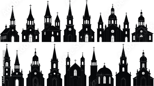 Christian church and cathedral silhouettes collection featuring various architectural styles, religious buildings isolated on white background illustration.