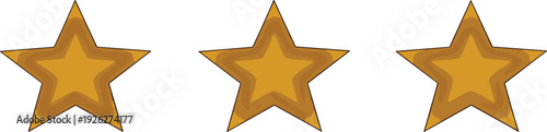 Three golden stars aligned in a row against a clear background viewed from a straightforward angle