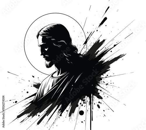 Jesus Christ portrait with halo and ink splash effect, artistic Christian religious illustration symbolizing faith and spiritual devotion.
