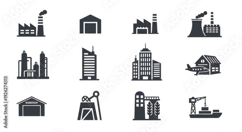 Collection of industrial buildings and structures, factories, warehouses, and transport.