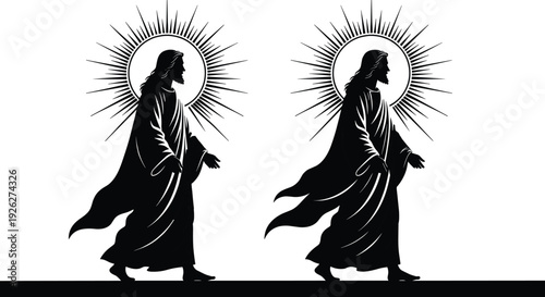 Jesus Christ silhouette with radiant halo walking forward, Christian religious illustration symbolizing faith, guidance and spiritual salvation concept.