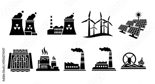 Various energy sources and power plants generating electricity for the world.