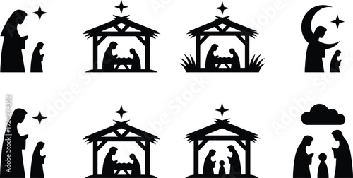 Nativity silhouette icons set with Holy Family, manger scenes and Bethlehem star, Christmas religious symbols isolated on white background.