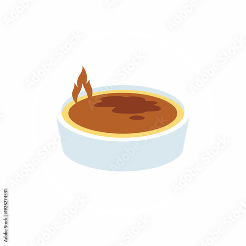 A delightful illustration featuring a classic baked custard dessert with a perfectly caramelized top and a gentle flame, embodying sweet indulgence and culinary artistry