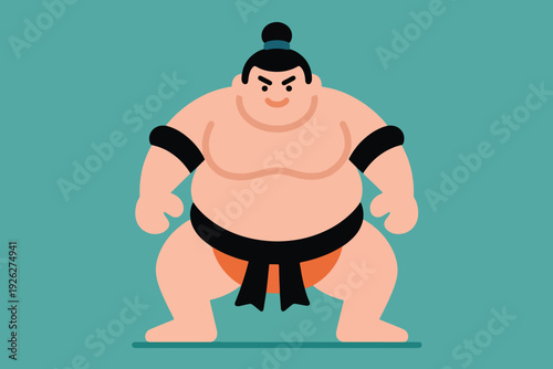Illustration Of A Sumo Wrestler With A Fat And Heavy Body, Standing In A Crouching Position Vector Design Template