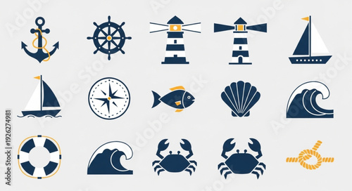 Nautical themed icons collection featuring anchors, sailboats, and marine elements.