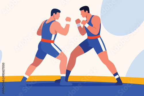 Illustration Of Two Wrestlers Competing, Wearing Tight Blue Wrestling Suits Vector Design Template