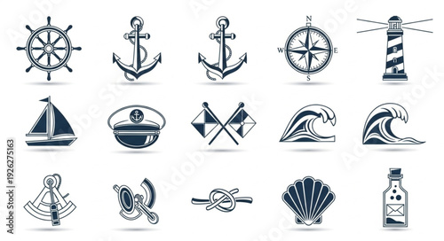 Collection of nautical themed icons representing maritime navigation and ocean elements.