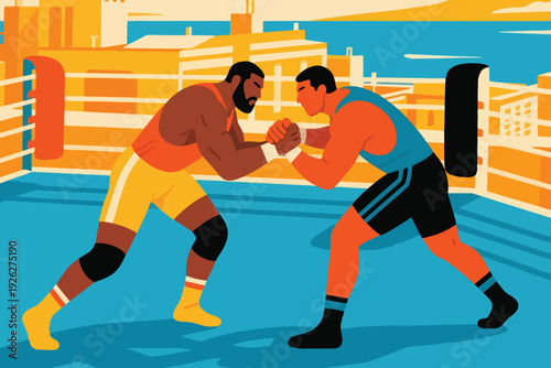 Illustration Of Two Male Boxers In A Match, In The Ring, With An Urban Background Vector Design Template