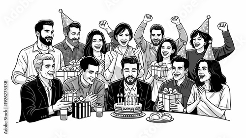 Black and white illustration of a diverse group of adults celebrating a birthday with cake and party hats around a table.