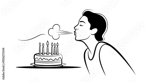 Black and white illustration of a young woman blowing out candles on a birthday cake with a simple, elegant line art style against a clean white background.