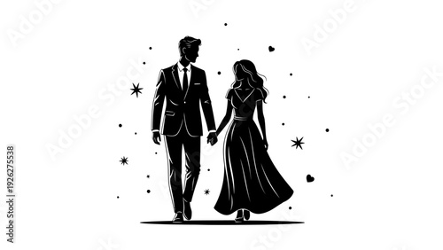 Black silhouette illustration of a man and woman holding hands with stars on white background.