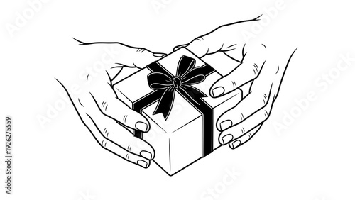 Line art illustration of two hands cradling a gift box with a bow on a white background.