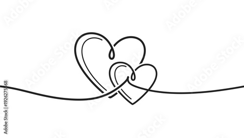 Minimalist line art illustration of two intertwined hearts connected by a curved line on a white background with a simple, elegant design.