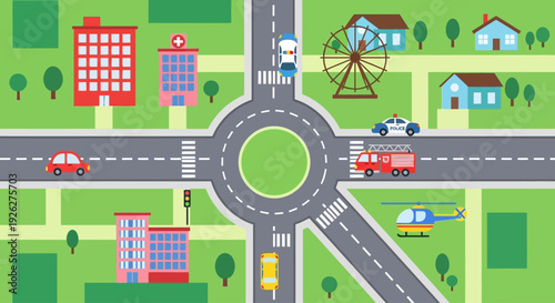 A daytime scene of a busy intersection with various vehicles and buildings