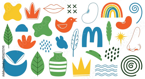 Colorful illustration features various abstract shapes and objects on white