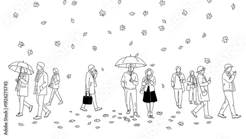 Black and white illustration of a group of business people walking in the rain with umbrellas on a white background.