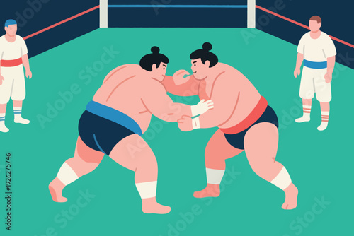 Illustration Of Two Sumo Wrestlers In A Match, In The Arena, And Two Companions At The Edge Of The Arena Vector Design Template