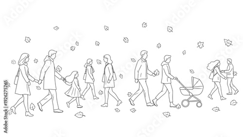 Line drawing of a diverse group of people walking together in a simple, minimalist style with flowers on a white background.