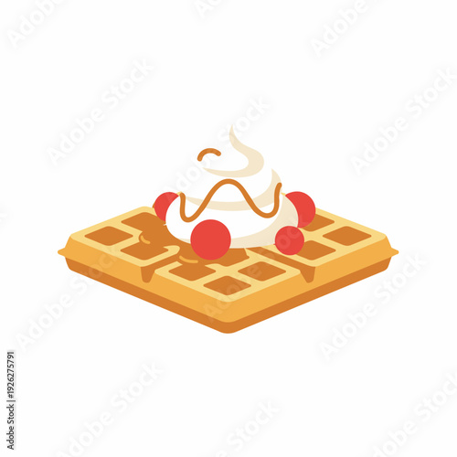 Delicious golden waffle topped with fluffy whipped cream and vibrant red berries, drizzled with sweet syrup. Charming cartoon illustration, a perfect delightful breakfast or dessert