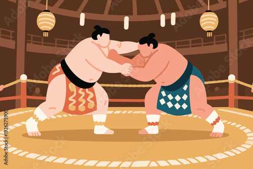 Illustration Of Two Sumo Wrestlers Competing In An Arena, With The Background Inside A Traditional Building Vector Design Template