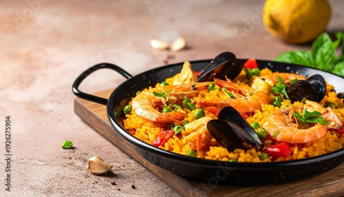 Spanish seafood paella, closeup view. Space for text