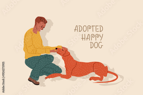 Happy dog adoption moment. Young man crouching down to pet large red dog lying on ground. Text Adopted Happy Dog in friendly handwritten style. Flat vector illustration for pet adoption campaigns 