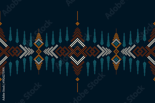 Colorful ethnic tribal geometric seamless pattern in navy blue, turquoise and orange. Inspired by traditional woven textile. Perfect for fabric print, wallpaper, packaging, digital paper, and home dec