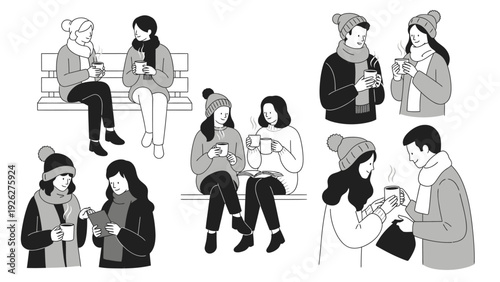 Illustration of people in various poses with winter clothing and accessories, sitting and standing in a simple line art style on a white background.