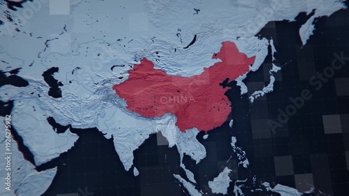 Aerial flyover of a 3D map of China. The view includes mainland China, the island of Taiwan, and the coastal waters of the South China Sea, highlighting the country's territorial integrity. 