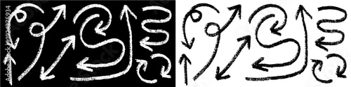 Set grunge chalk arrows drawing vector for edgy educational graphics. Ideal for symbolizing rough directions, alternative learning paths, and blackboard navigation.