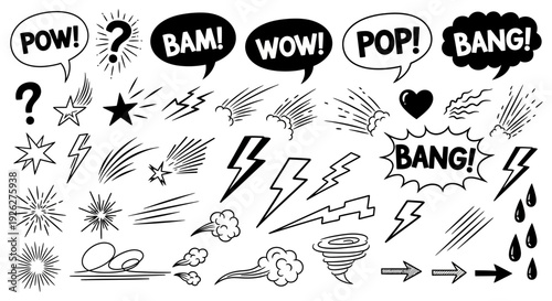 Comic book effects and sound words are illustrated in dfghtred style.