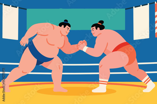 Illustration Of Two Sumo Wrestlers Competing In A Traditional Arena, In A Ready To Fight Position Vector Design Template
