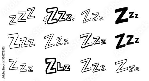 A collection of various zzz symbols and illustrations in different styles and fonts are shown.