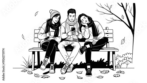 Black and white illustration of three young adults sitting on a bench looking at their smartphones in a park with autumn leaves.