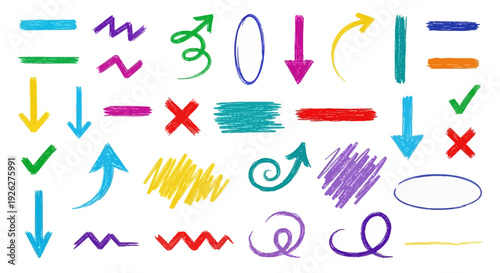 A collection of colorful arrows and symbols drawn on a digital canvas with various shapes.