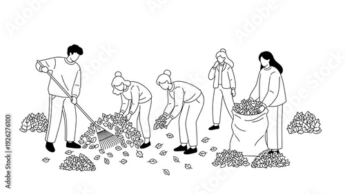Black and white illustration of people working together to sort and collect small objects into piles and bags in an industrial setting with a neutral mood.