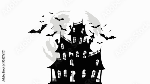 A black silhouette of a spooky haunted house with bats and ghosts on a white background, conveying a spooky atmosphere.