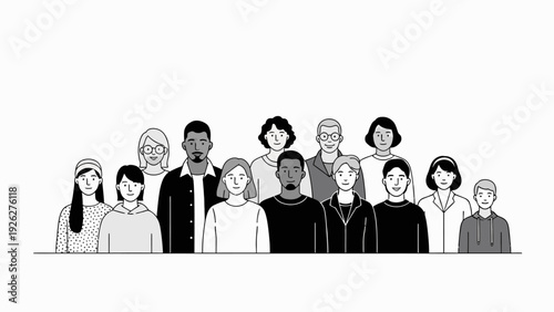 Illustration of a diverse group of people standing together in a simple, monochromatic line drawing style against a plain white background.