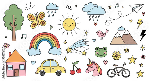 A colorful illustration of various objects including a tree, rainbow, unicorn, and car in a lively scene with a mix of nature and fantasy elements in dfghtred style.